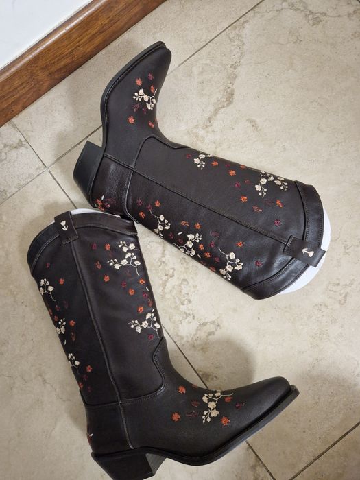 Skórzane kowbojki haft Zara boho