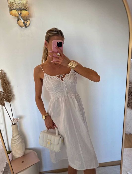 Biała bawełniana sukienka na ramiączkach MIDI maxi na lato letnia M