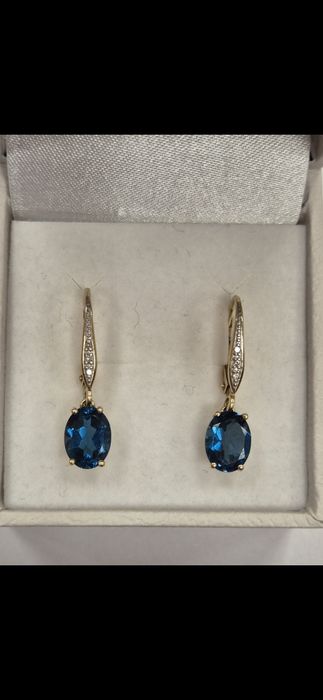 Złote kolczyki topaz london blue +diamenty