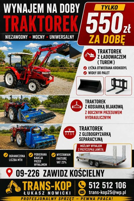 Wynajem usługi Minitraktorek Glebogryzarka Separacyjna  kosiarka bijakowa