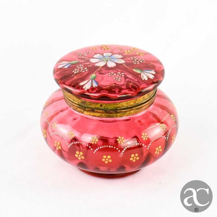 Caixa redonda em vidro pintado à mão e metal