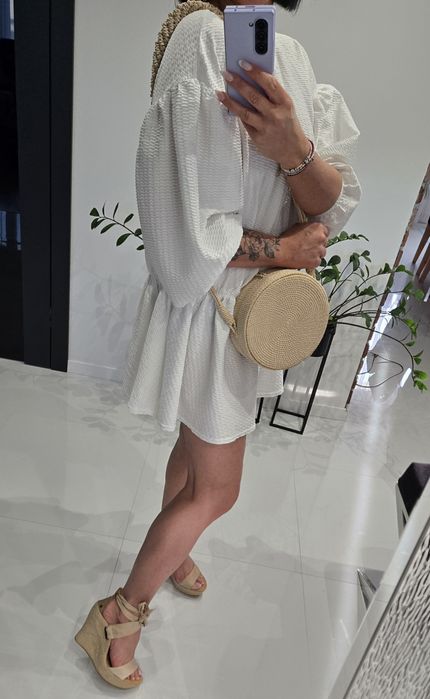 Sukienka tunika oversize Asos 38 40 biala bufki asymetryczna