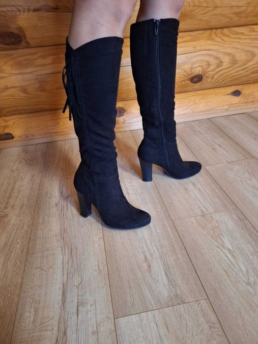 Buty damskie jesienne,37, kozaki wykonane ze sztucznego zamszu, czarne