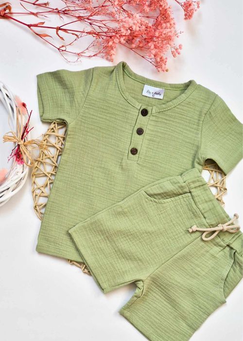 By o baby muślinowy komplet pistacja bluzka+spodenki 128 cm