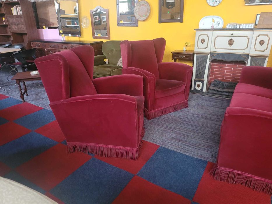 Sofás individuais de orelhas em veludo de cor vermelha - Bom estado g