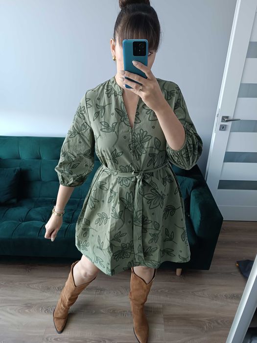 Sukienka ażurowa haft khaki zieleń