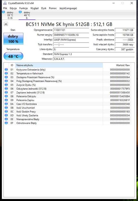 Dysk SSD NVMe SK Hynix BC511 512GB M.2 PCIe Gen 3 x4(1.6.26)