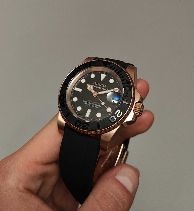 Seiko MOD Yacht-Master Rose Gold Czarny Rubber Gumowy Custom NOWY Men