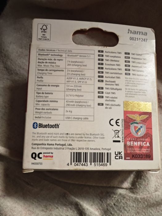 Fones bluetooth originais do Benfica