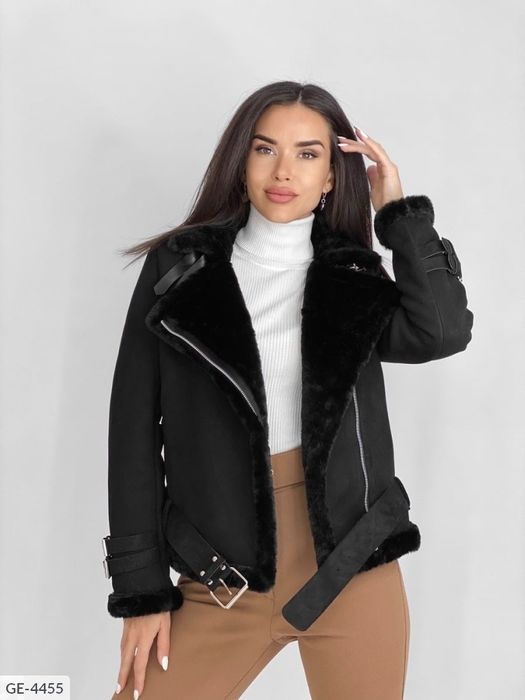 Нова дублянка жіноча чорна, коричнева подовжена з білим, чорним хутром