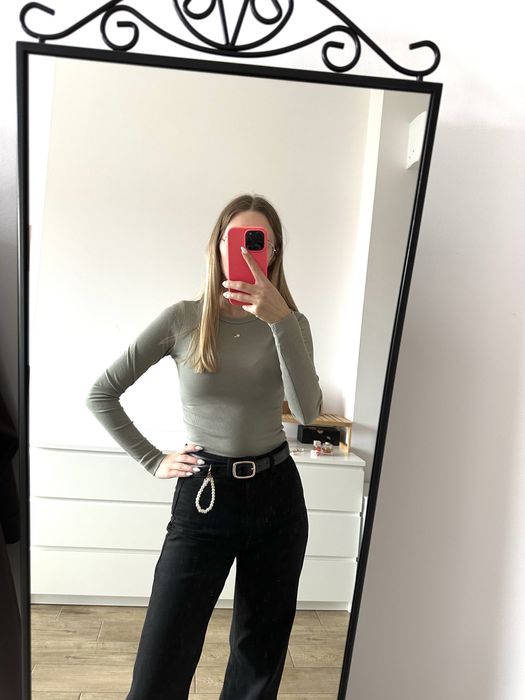 Bluzka xs 34 modal khaki zielona basic prążki długi rękaw wiosna