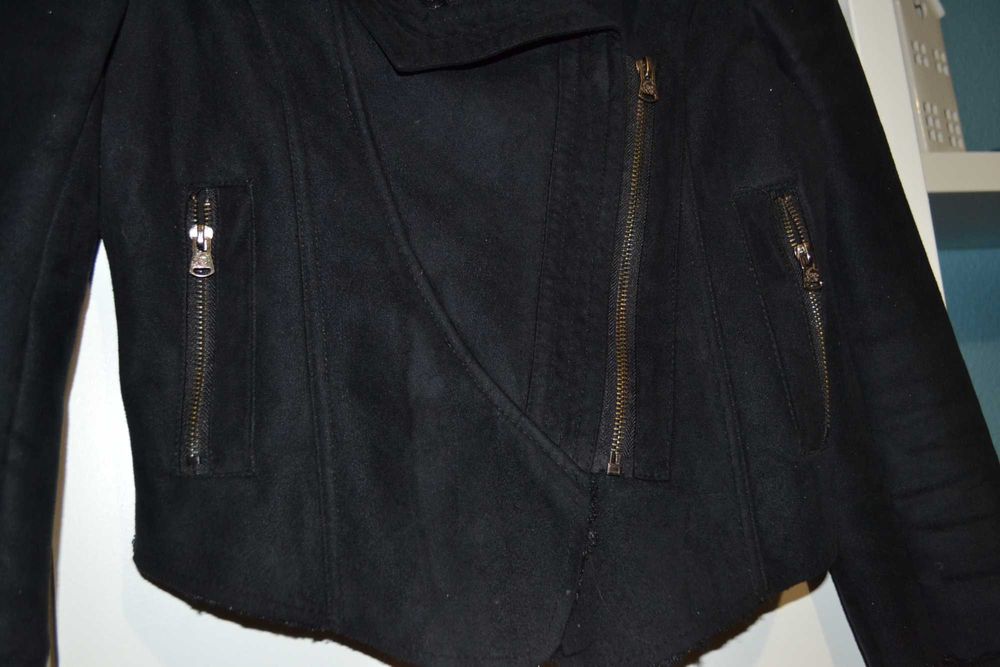 Ciepła kurtka krótka ramoneska zamsz XS 34 S 36 czarna ocieplana derek