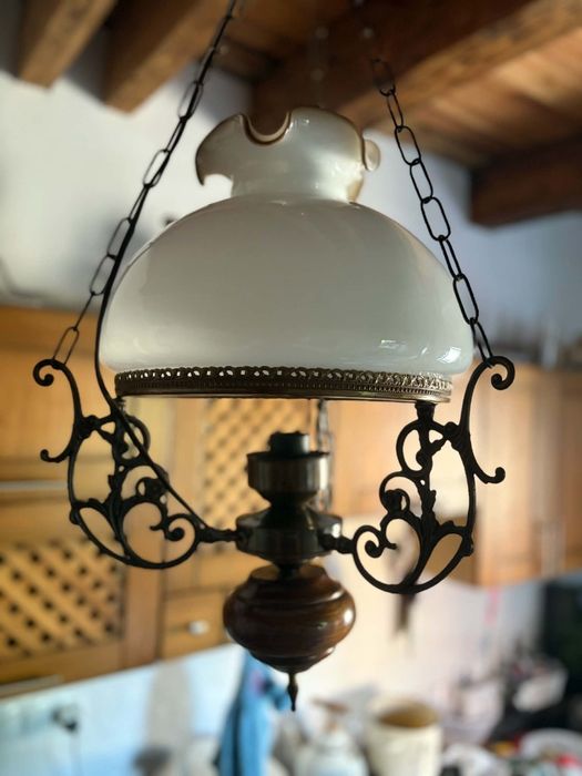 Rustykalna Lampa Wisząca Retro z Mosiądzu i Drewna Vintage