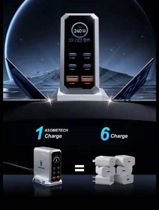 Потужний зарядний пристрій Asometech GaN 240w P.D3.1(4+2usb)