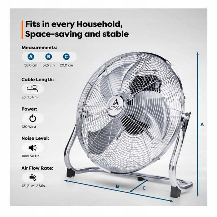 Wentylator Podłogowy AERSON Metal Chrom 50cm 75W 97m3/min Obrotowy