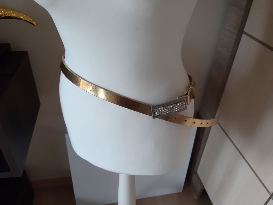 Pasek złoty vintage stary boho klamra kamyki prl 90 cm używany