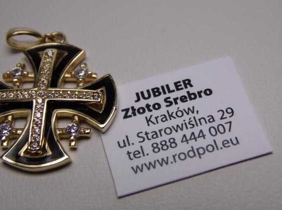 Złota zawieszka krzyż jerozolimski czarna emalia i cyrkonie.
