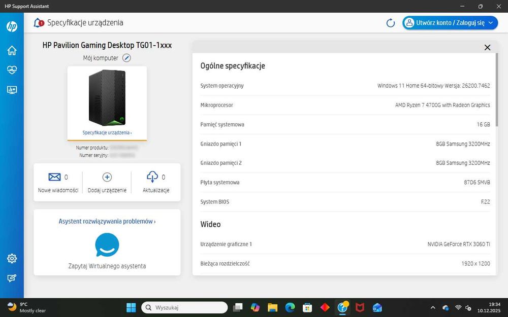 Komputer HP Gaming Ryzen 7 4700G/16GB/512GB SSD/RTX3060Ti 8GB/Win11H