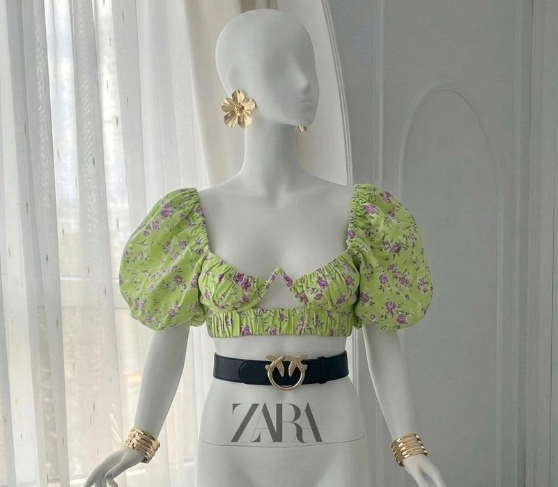 Cottagecore Y2K limonkowy top Zara w róże odkryte plecy bawełna