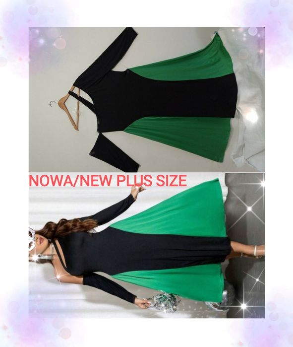 48 50 52, 3XL Asymetryczna sukienka, MIDI Plus Size zielona, ballet st