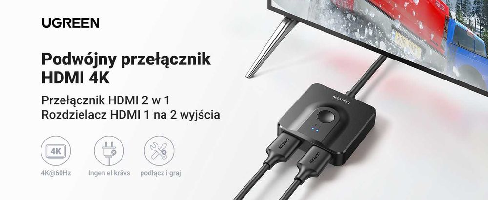 UGREEN Przełącznik HDMI 2.0 4K 60Hz Splitter 2x1 1x2 HDR 878