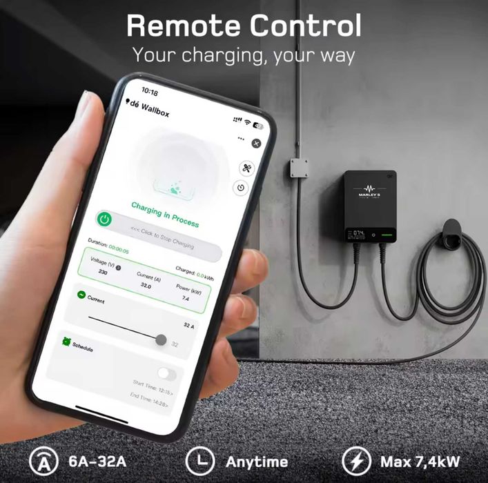 Wallbox Carregador Parede - 7 kw - C/ APP e Cartões - 7,5 metros Cabo