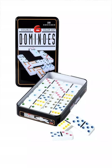 Domino Double 6 w metalowym pudełku - 28 kamieni z kolorowymi oczkami. bez marki
