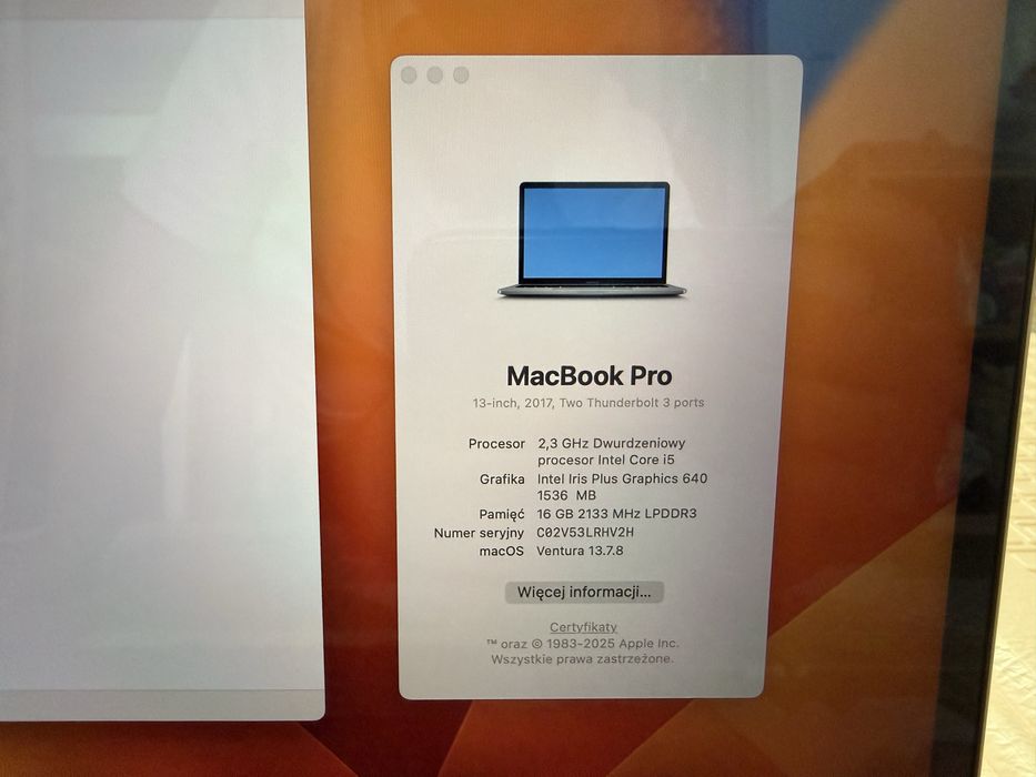 Apple MacBook Pro 2017 13 cali i5 16GB 256GB