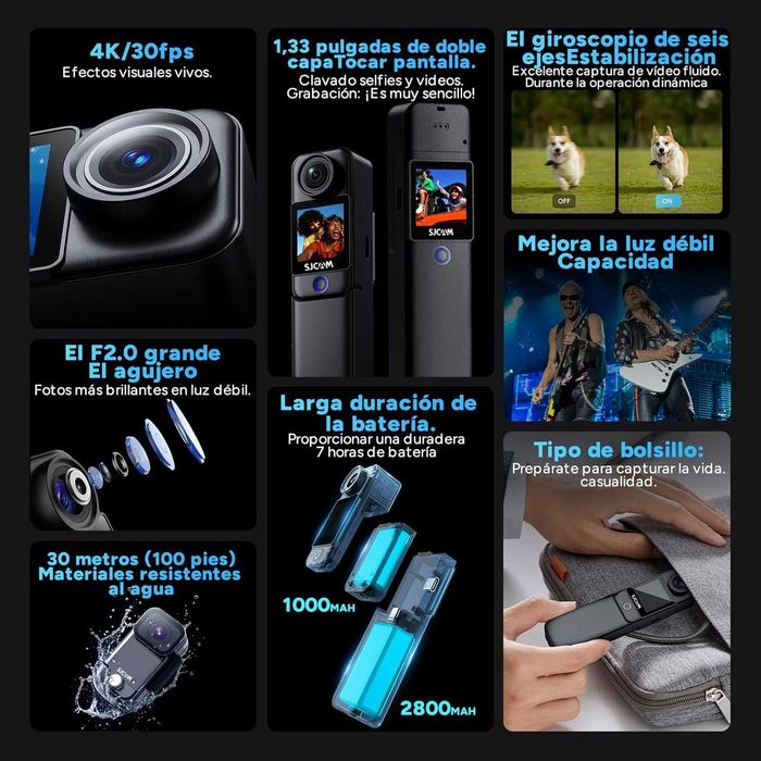 SJCAM C300 Pack - Câmara Vlog com Punho + Bateria Extra 7H, Dual Touch Screen, 64GB, Impermeável