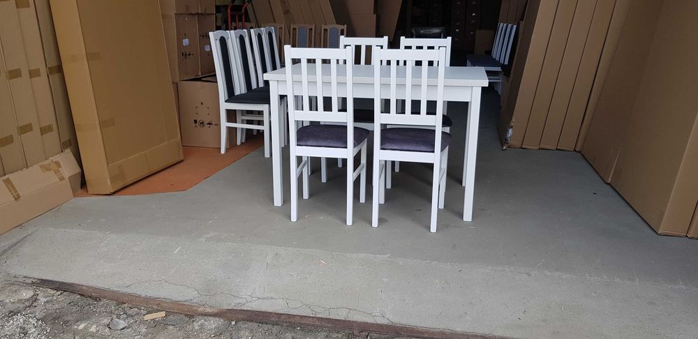 Nowe, STÓŁ + 4 KRZESŁA , BIAŁY + GRAFIT ( szczebelki ) dostawa cała PL