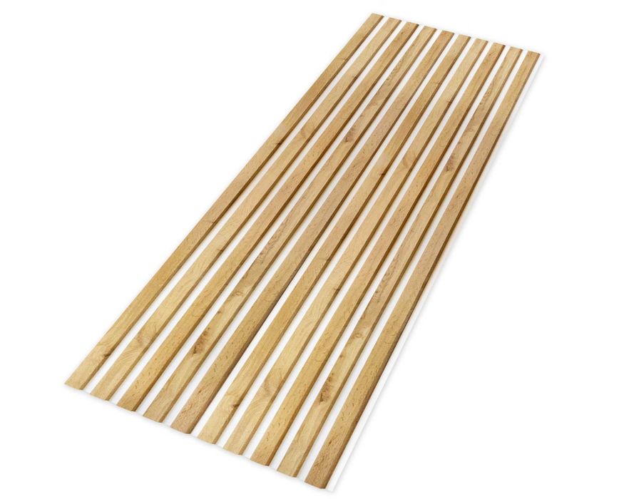 Lamele ścienne na białej płycie HDF - 275 cm x 59,5 cm - Dąb i inne