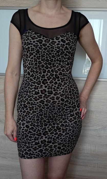 Sukienka H&M beżowa w panterkę z tiulową górą, obcisła, rozmiar S/M.