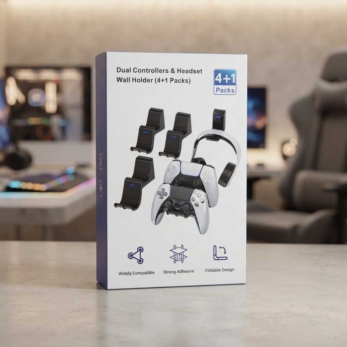 Настінні тримачі для геймпадів Playstation 5 та навушників 4+1 PS5 (клейовий монтаж)