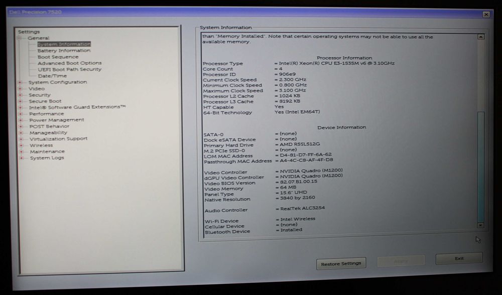 Dell Precision 7520 Quadro M1200 Xeon E3-1535M v6 UHD 4K 32GB RAM ECC