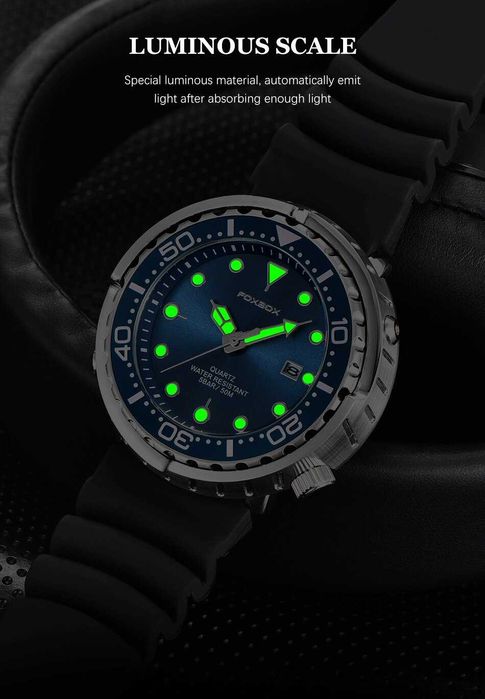 Zegarek Foxbox styl nurka tuńczyk obrotowy bezel wodoszczelny WR50 BOX