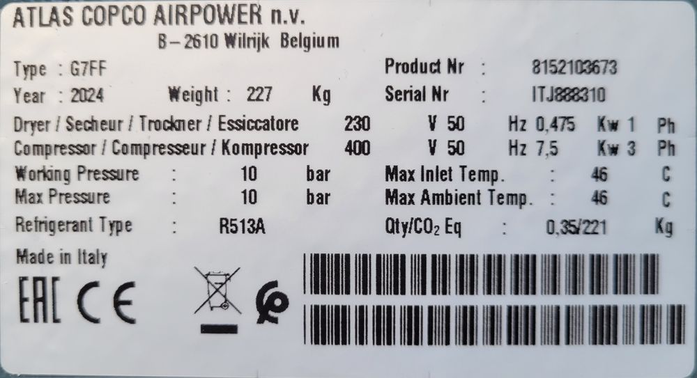 Sprężarka Kompresor śrubowy Atlas Copco G7FF-10/200