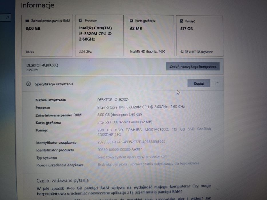 Lenovo T430 - Windows 10 Pro, SSD + HDD, dobry stan, bateria do wymian