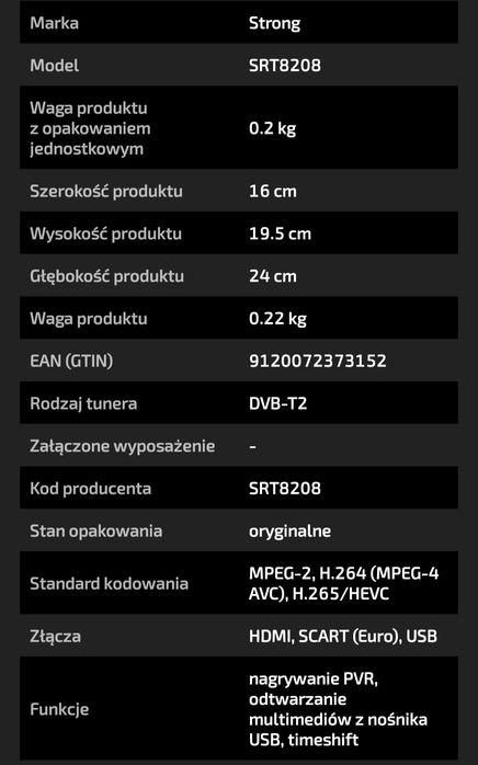 Dekoder dvbt2 - STRONG SRT 8208