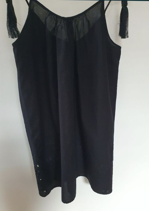 Sukienka plażowa Calzedonia s/m letnia czarna bawełna chwosty koraliki