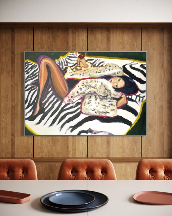 Oryginalny obraz 100×70 cm – kobieta, zebra, fashion – akryl