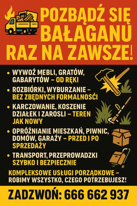 Wywóz gabarytów Opróżnianie mieszkań karczowanie koszenia  Rozbiórki