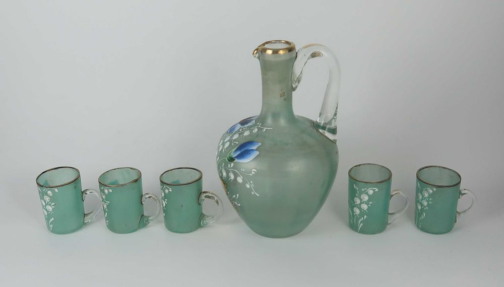 Garrafa com 5 copos em vidro antigo Séc. XIX / XX