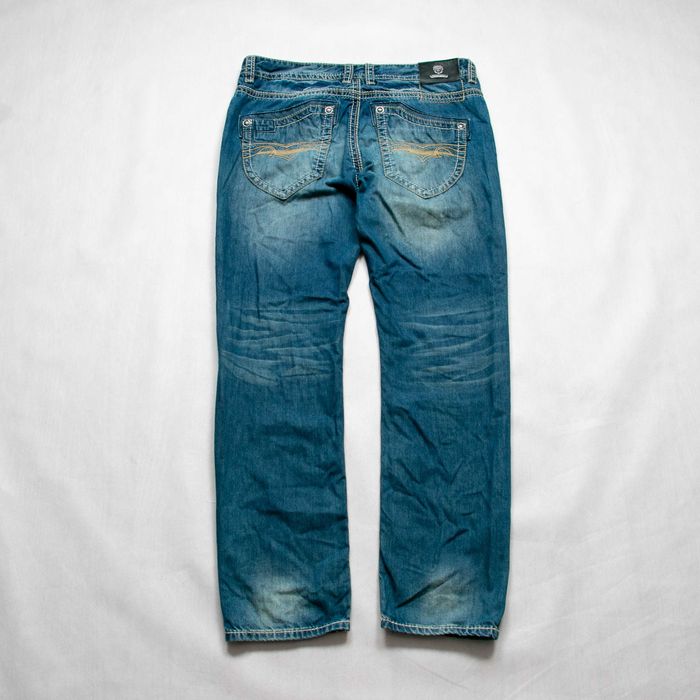 Blue Monkey y2k spodnie jeansowe 34/32us biodrówki hafty przetarcia