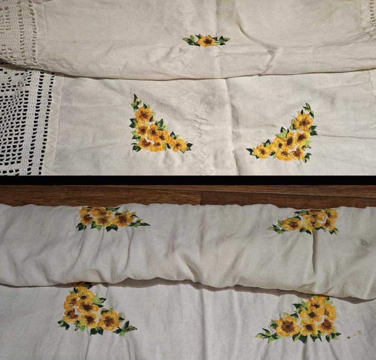 Toalha de mesa em algodão com bordados e crochê feitos à mão