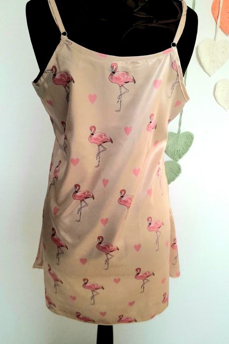 Koszula koszulka nocna mini satynowa beżowa flamingi L 40