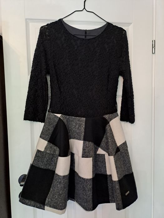 Sukienka by o la la 38 M czarna  koronka biała w kratę