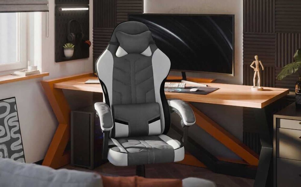 NOWY Fotel gamingowy kubełkowy szary ergonomiczny do komputera biurka regulowane oparcie 135° poduszki lędźwiowe podłokietniki 140 kg