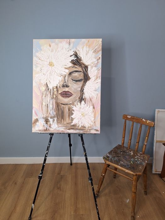 Beż Obraz ręcznie malowany 55x75 | Kobieta z kwiatami | Strukturalny 3
