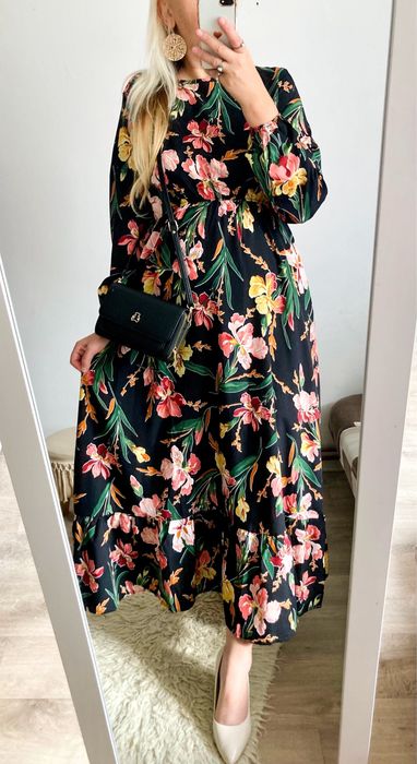 Sukienka Damska w czarna kwiaty długa imprezowa L