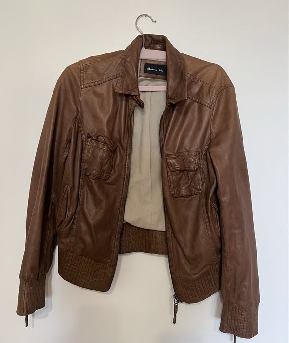 Krótka kurtka skórzana; ramoneska; koniakowa/brązowa; Massimo Dutti